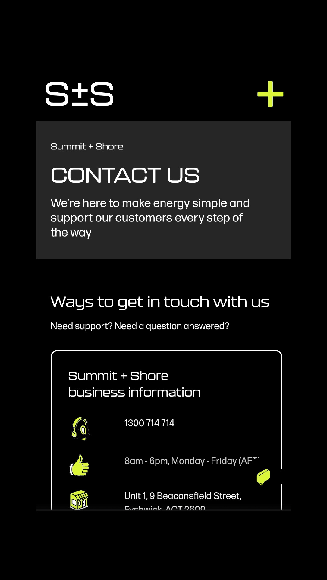 Summit + Shore website, contact page
