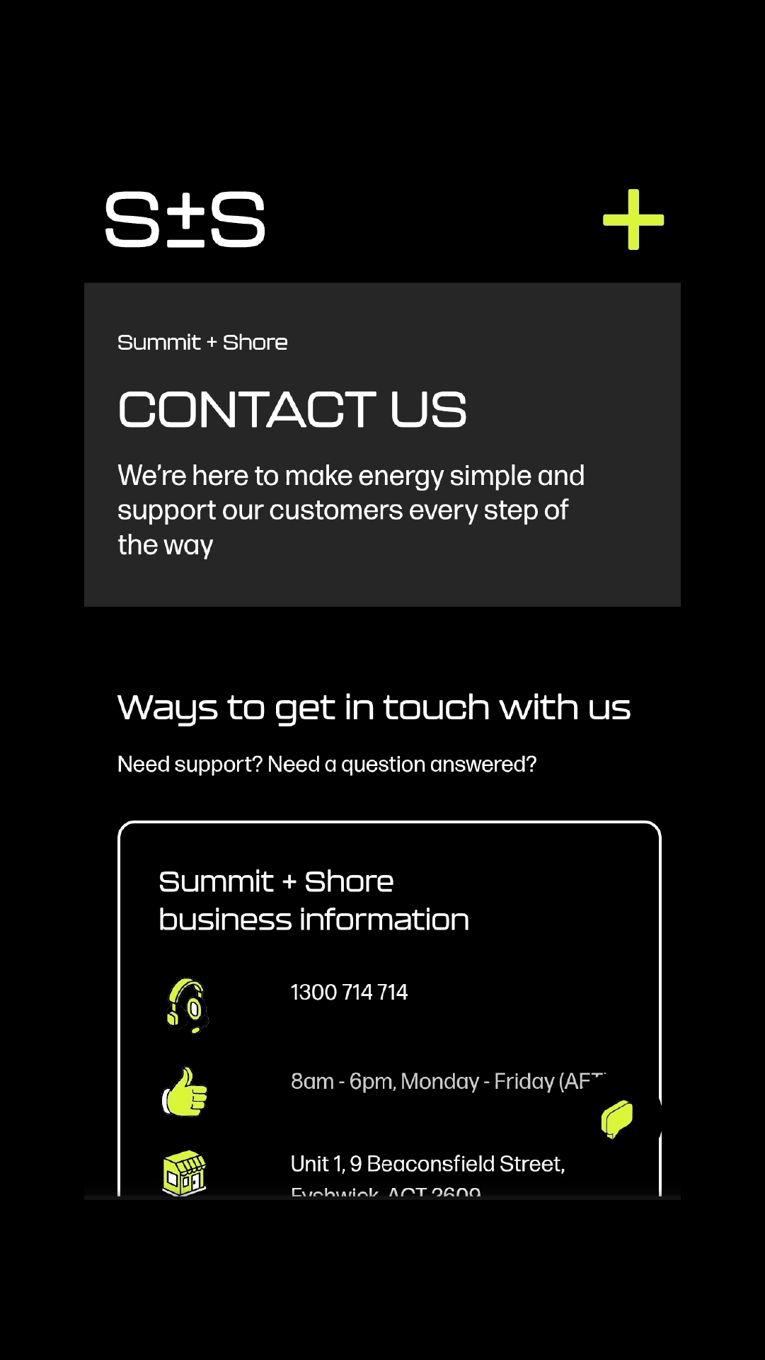 Summit + Shore website, contact page (mobile)