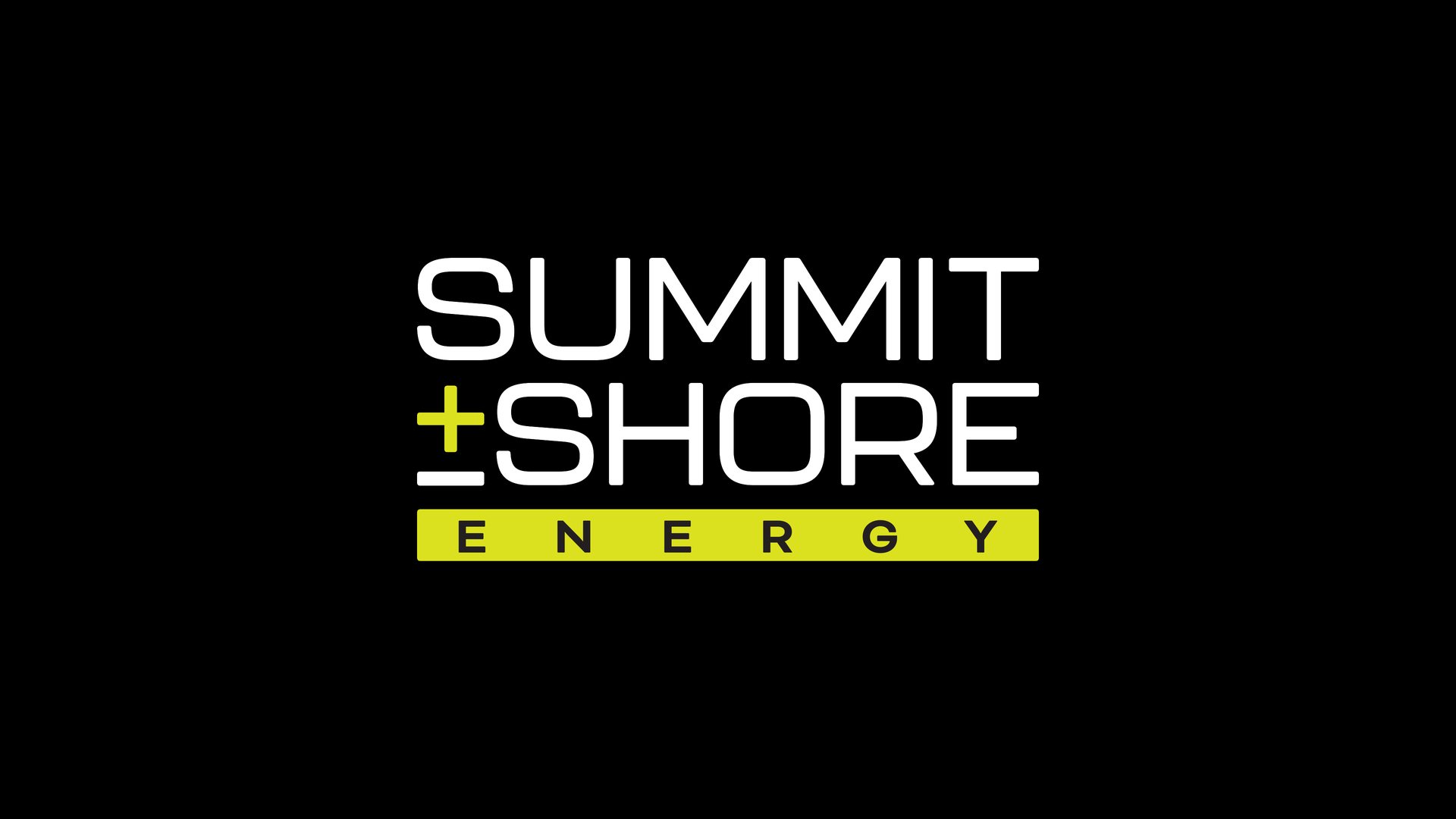 Summit + Shore Energy logo in white with a green plus and a green strip, on black