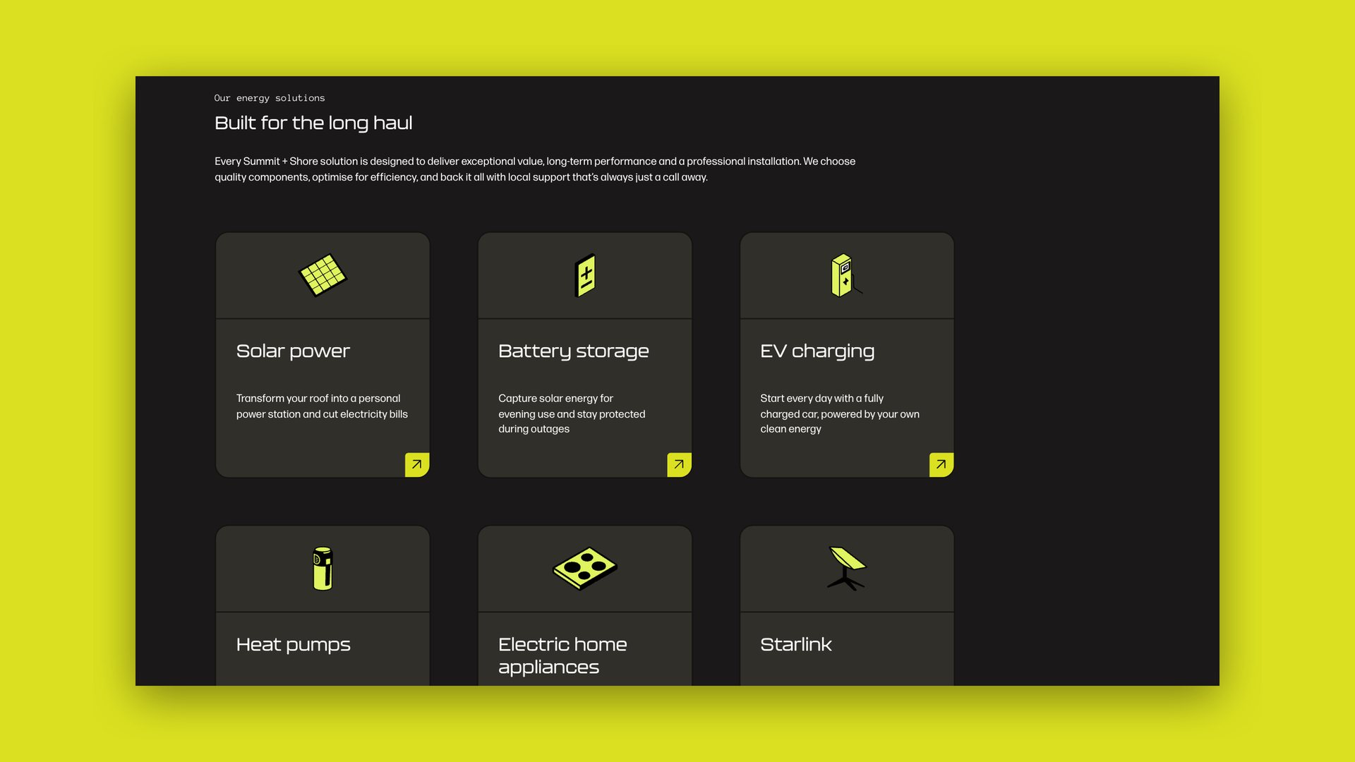 Summit + Shore website, a services page listing solar power, battery storage and EV charging