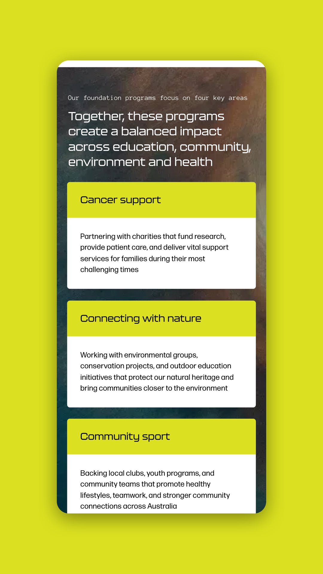 Mobile view of the foundation programs page covering cancer support, connecting with nature and community sport