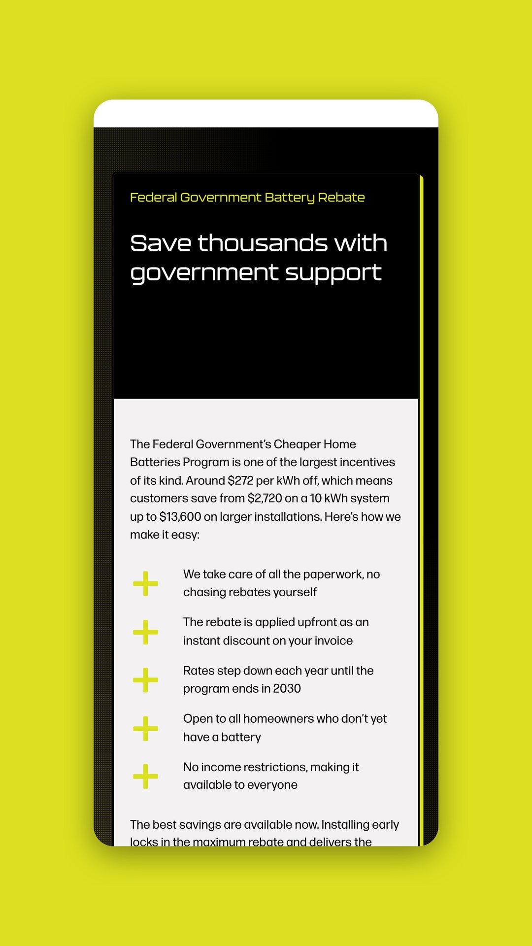 Summit + Shore mobile page on the government battery rebate