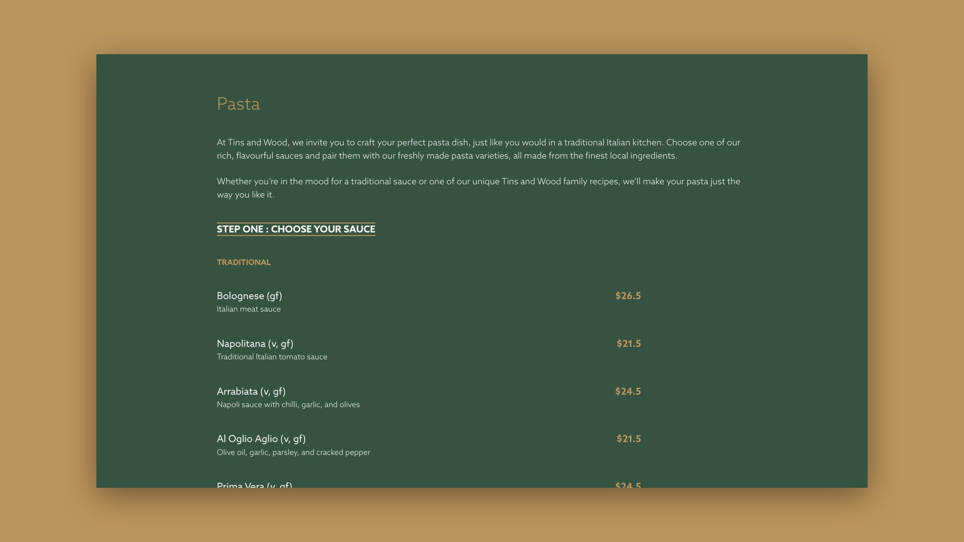 Website pasta menu page in dark green