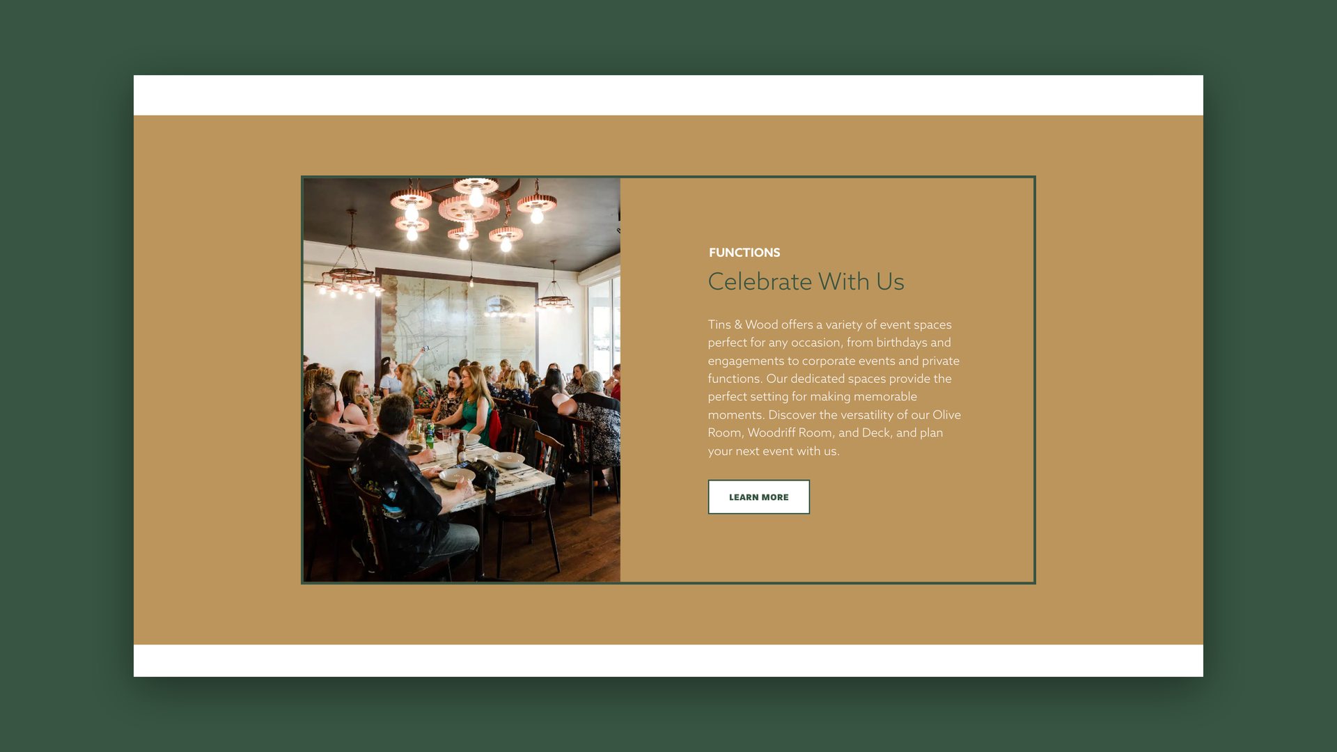 Website functions section with a photo of diners at a long table