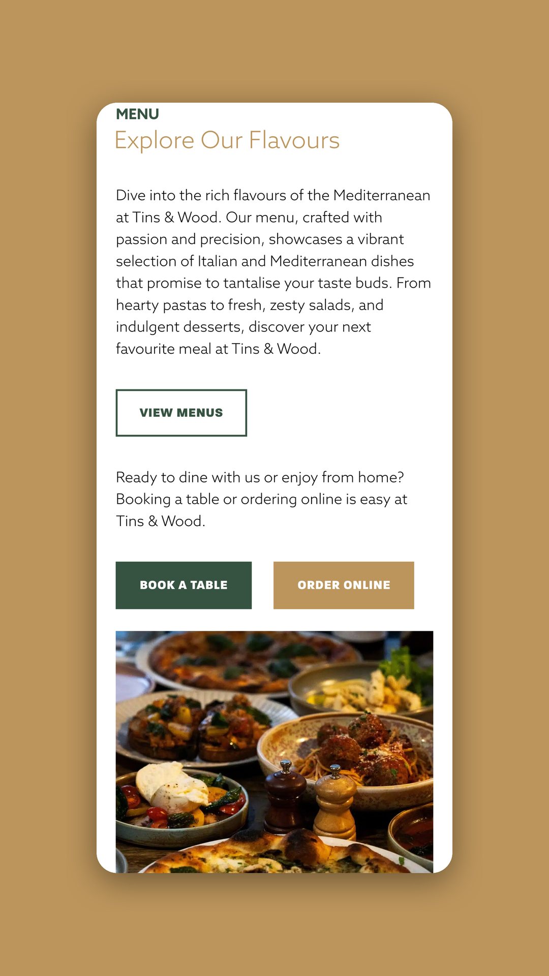 Mobile view of the menu page with a food photo and booking buttons