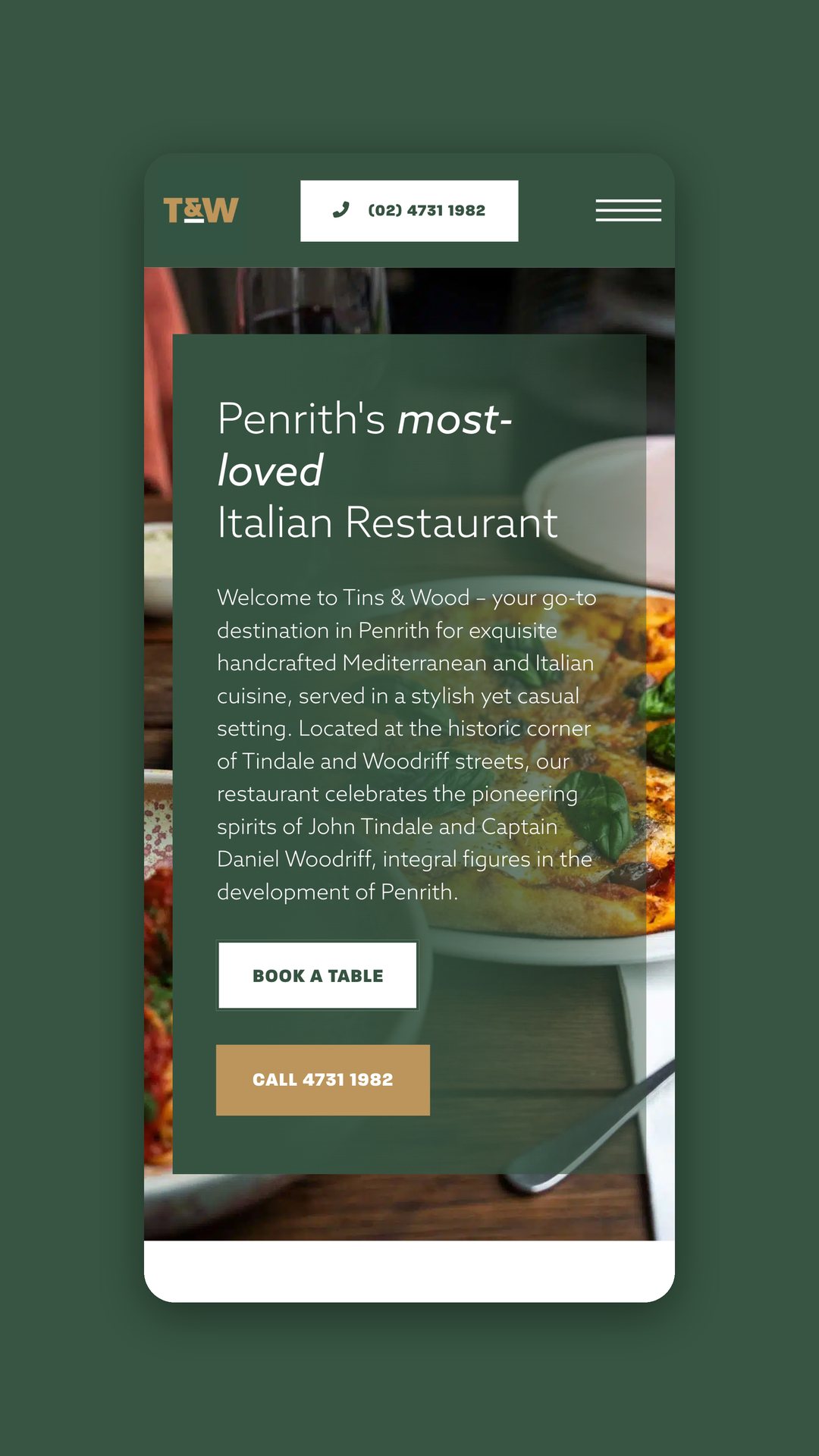 Mobile view of the homepage with booking and call buttons