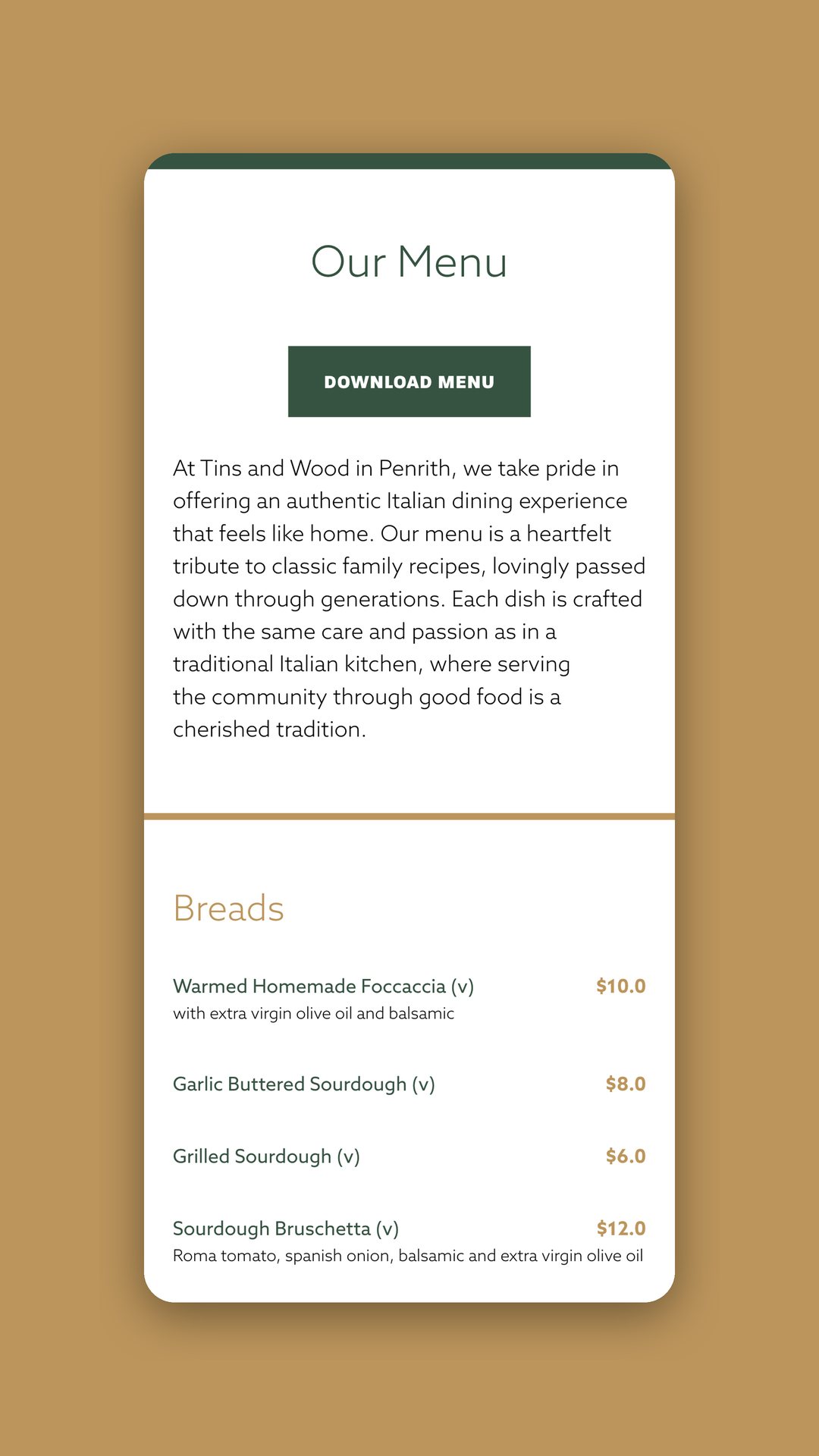 Mobile view of the menu page with a download menu button