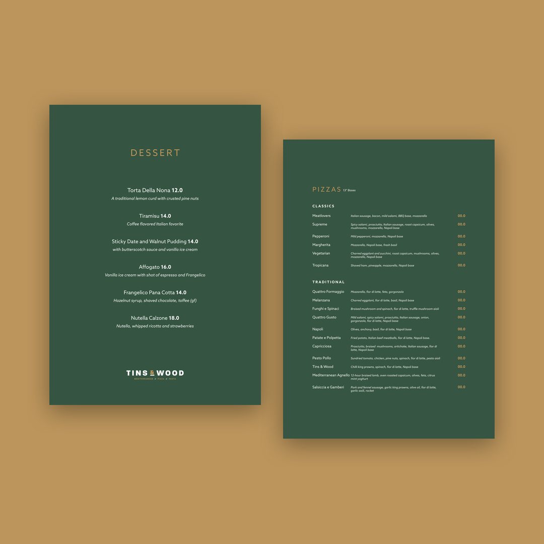 Dessert and pizza menus in dark green with tan type