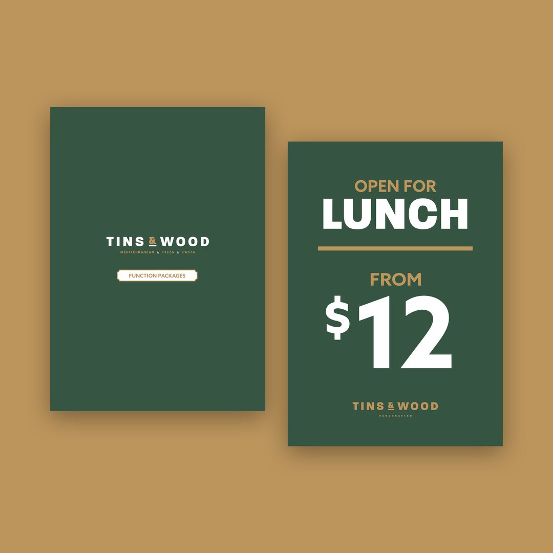 Menu cover beside an Open for Lunch from $12 card