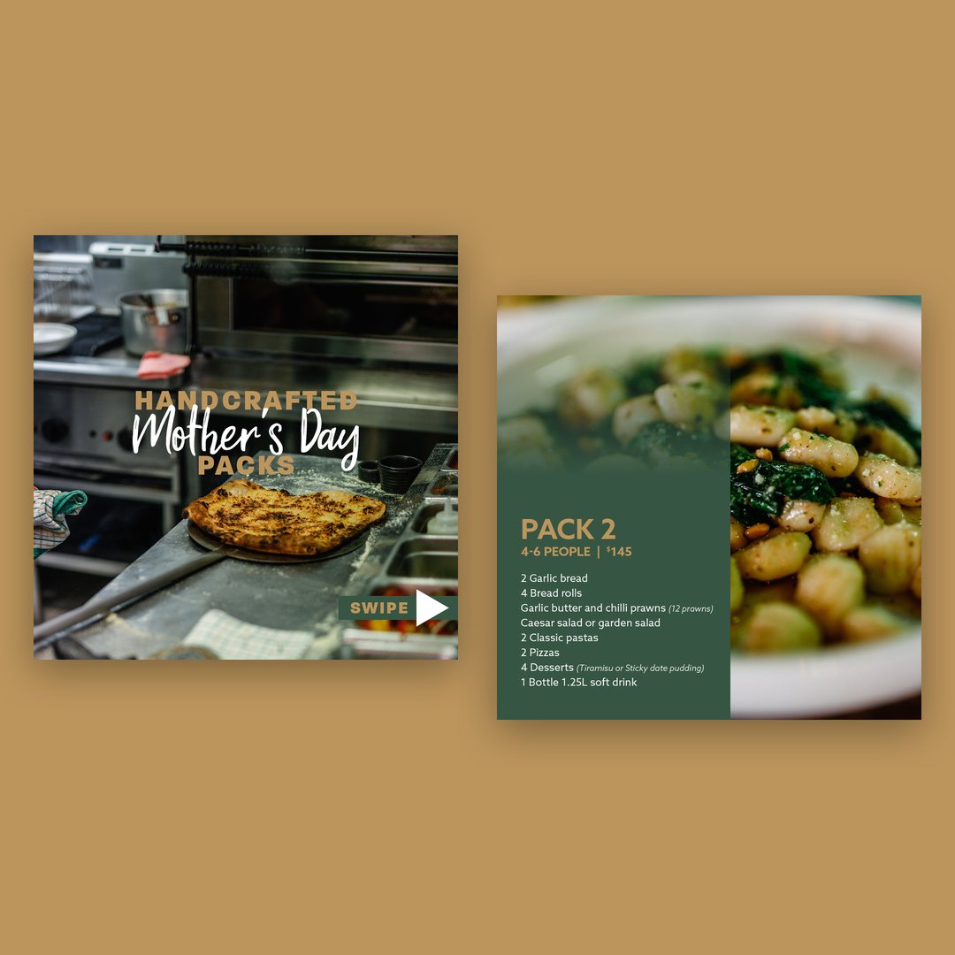 Social posts for handcrafted Mother's Day packs, showing a pizza and a gnocchi dish