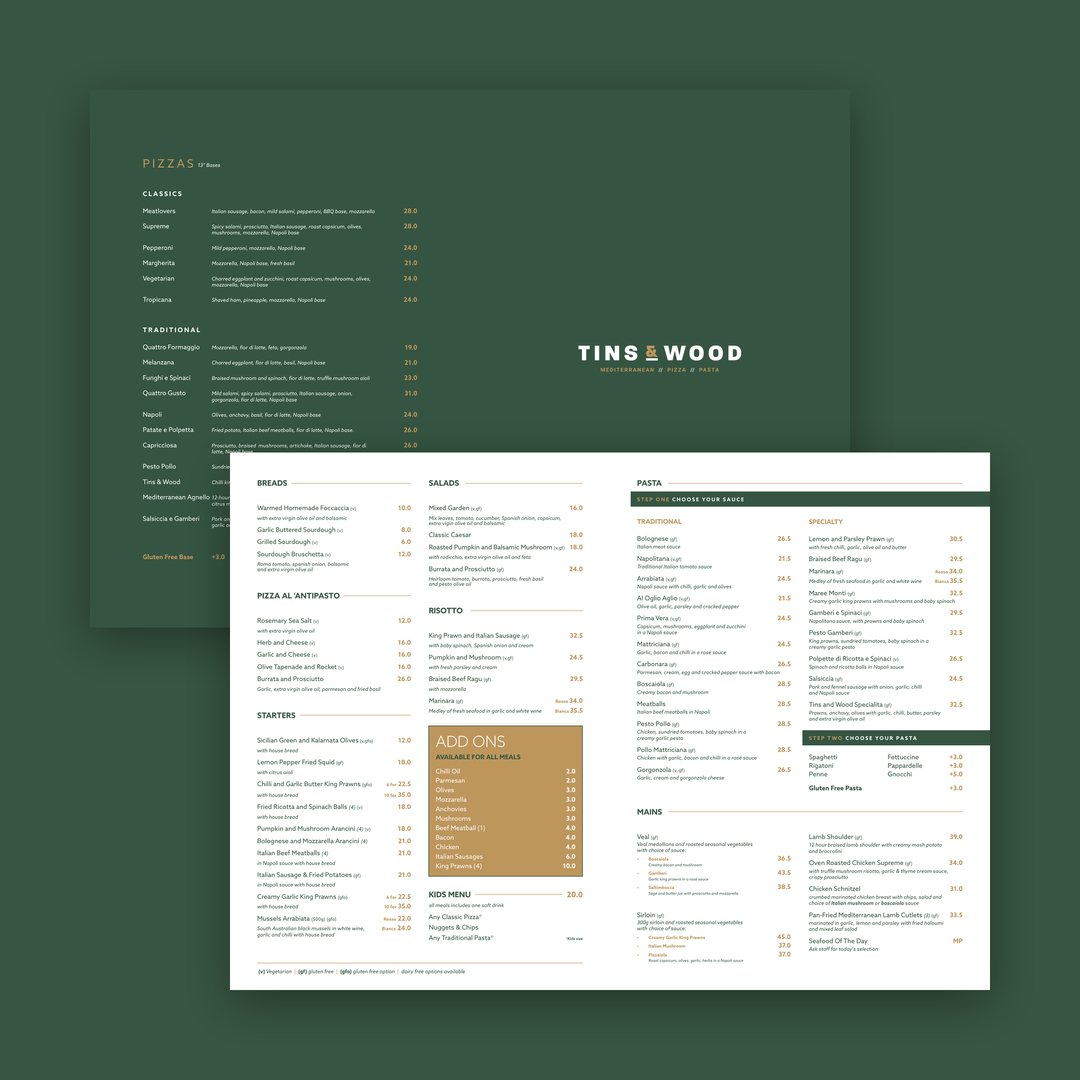 Pizza menu page and a full food menu spread