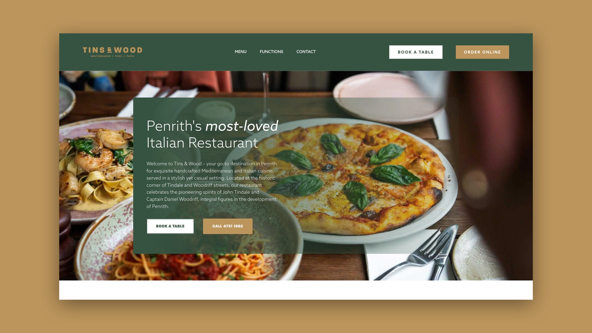 Website homepage with a pizza and pasta photo and Book a Table and Order Online buttons