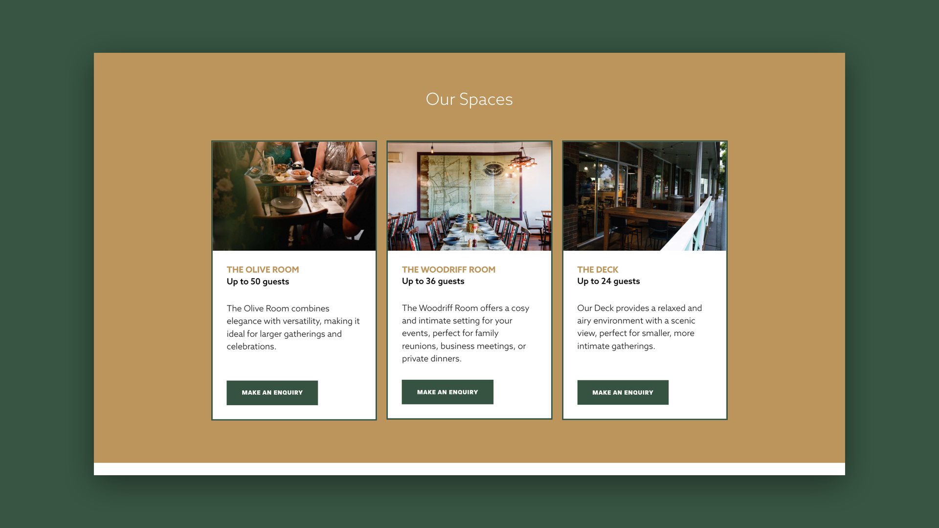 Website Our Spaces section showing the Olive Room, the Woodriff Room and the Deck