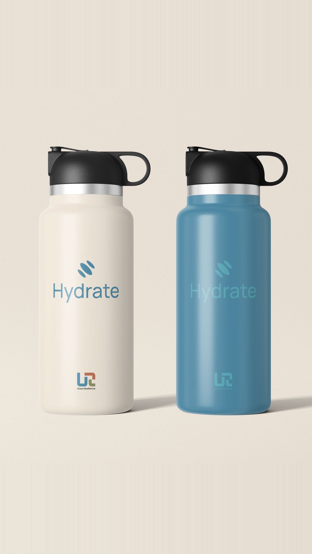 Two water bottles, cream and blue, printed with Hydrate and the Urban Resilience mark