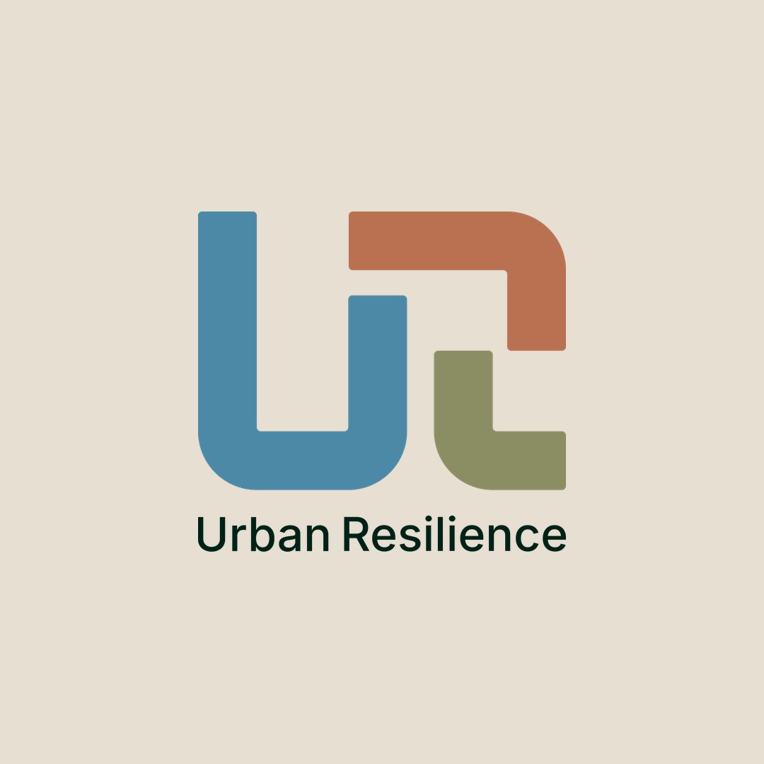Urban Resilience UR monogram in blue, ochre and green on warm stone
