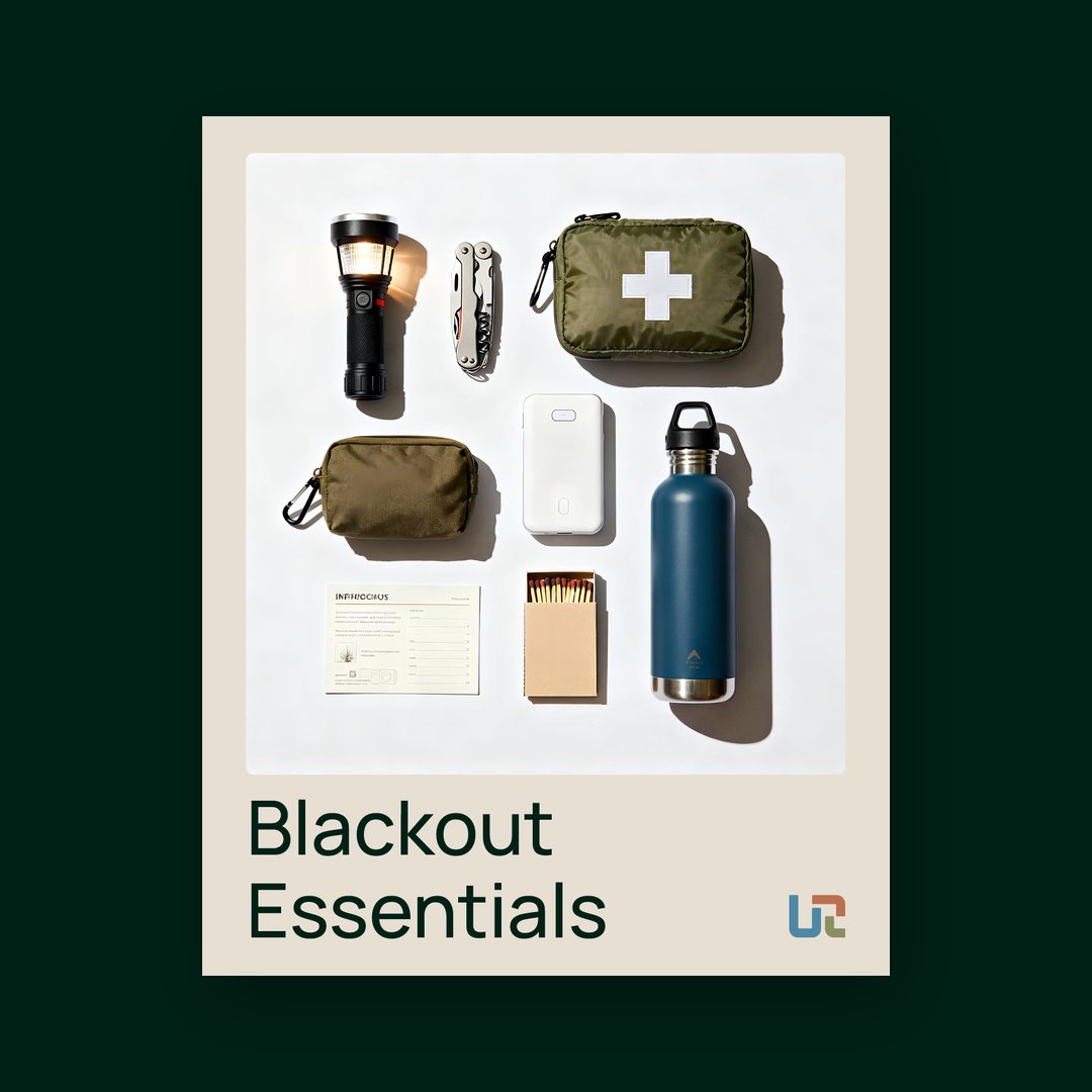 Blackout Essentials flat-lay of a lantern, first aid pouch, power bank, water bottle and multitool