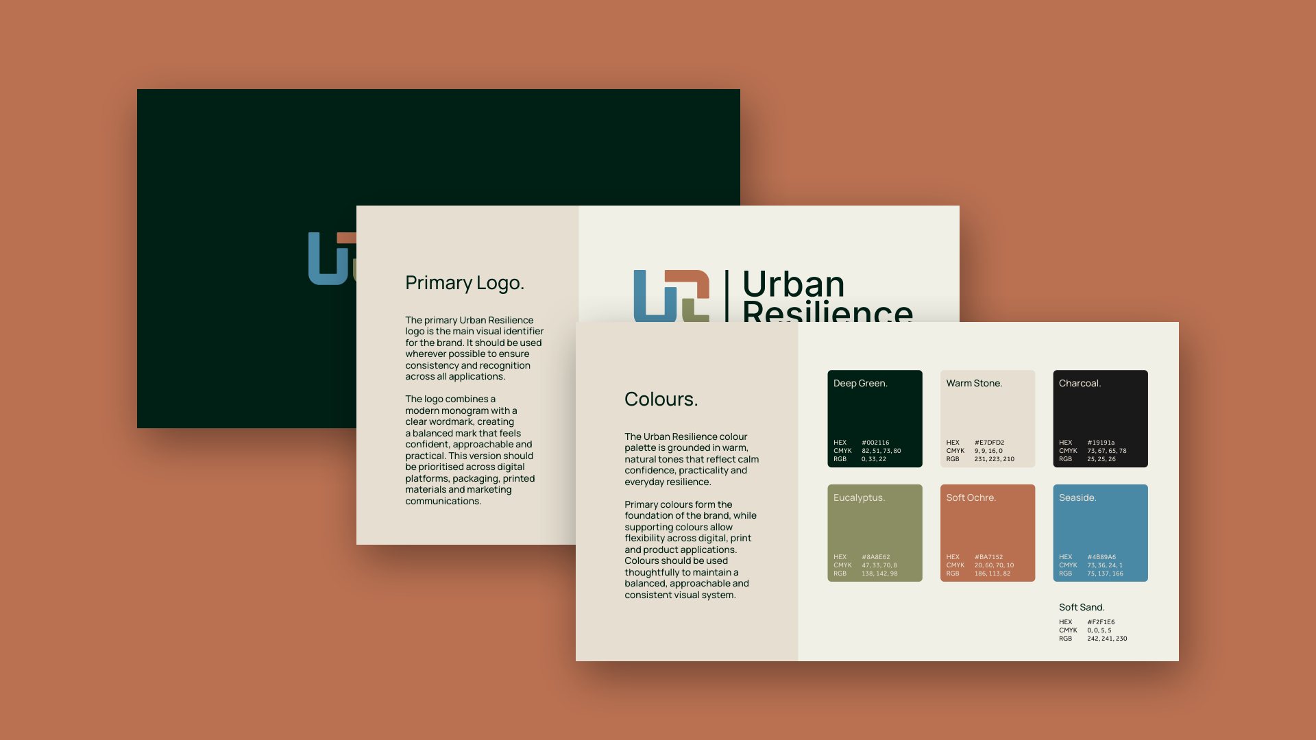 Brand guide pages showing the primary logo and colour palette