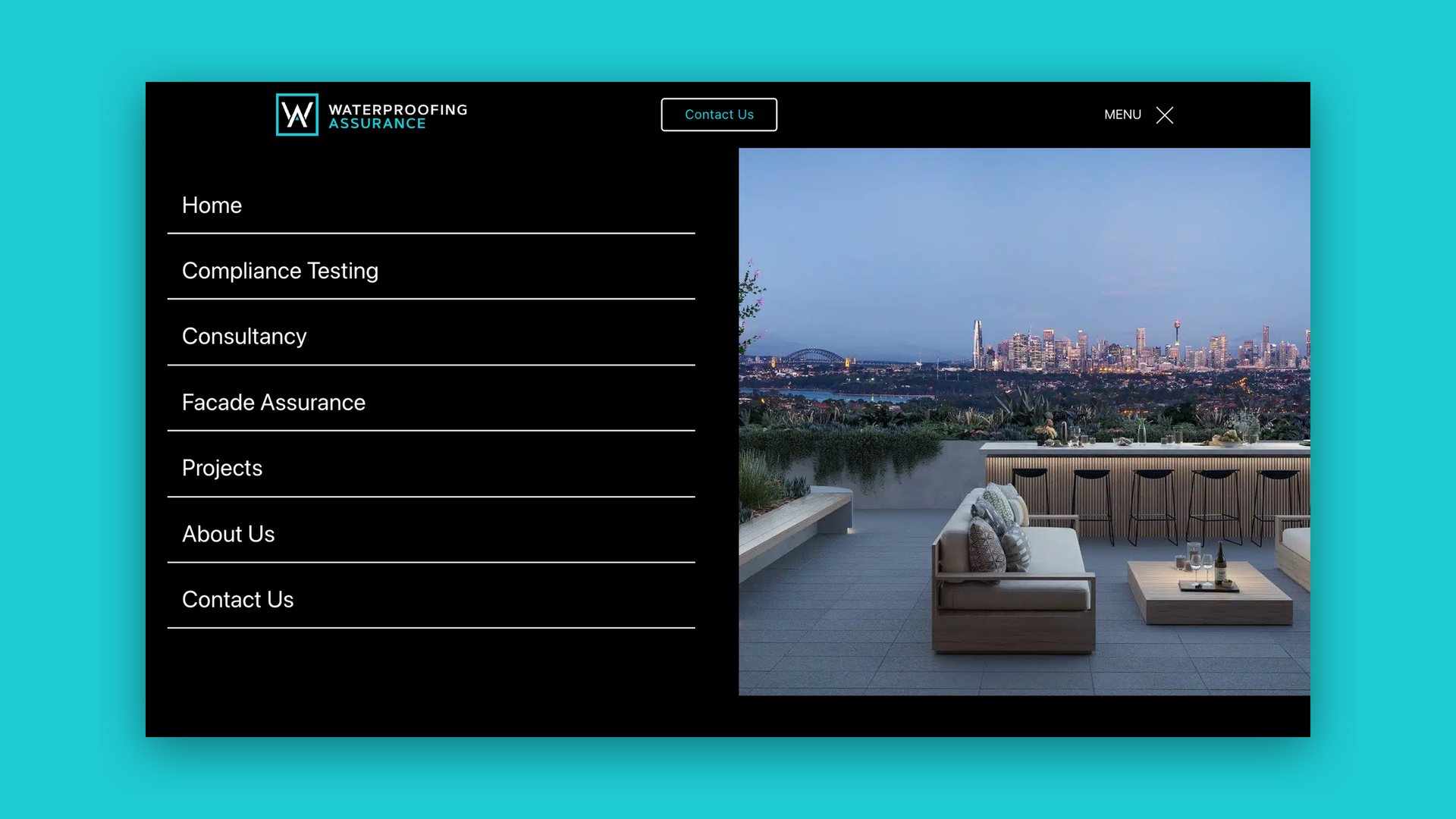 Website menu overlay beside a photo of a rooftop terrace