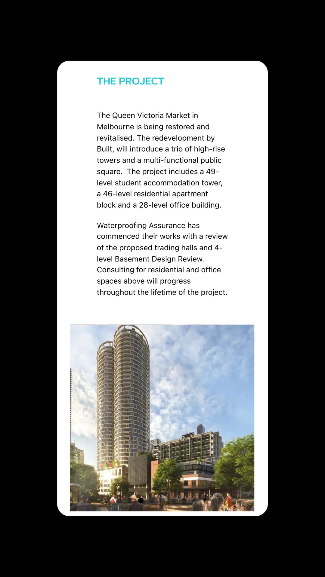 Mobile view of a project page describing a tower and market redevelopment