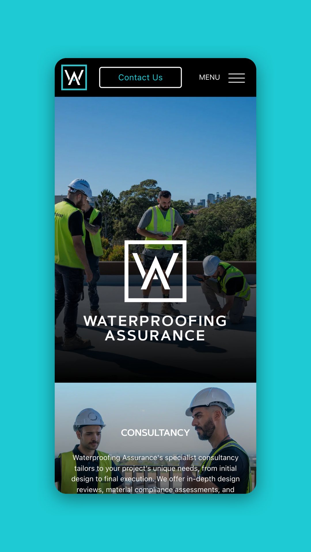 Mobile view of the homepage with workers on site and the logo