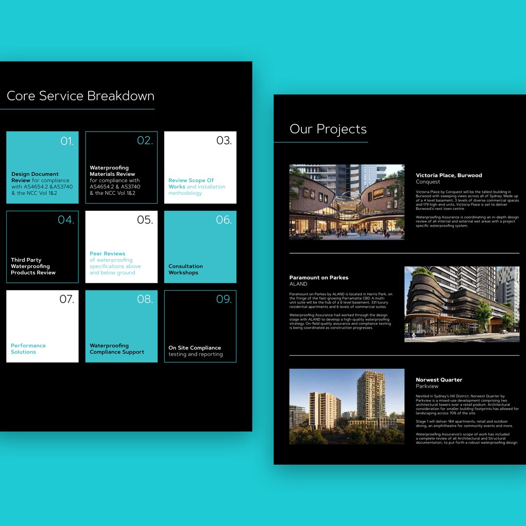 Capability statement pages for the core service breakdown and projects