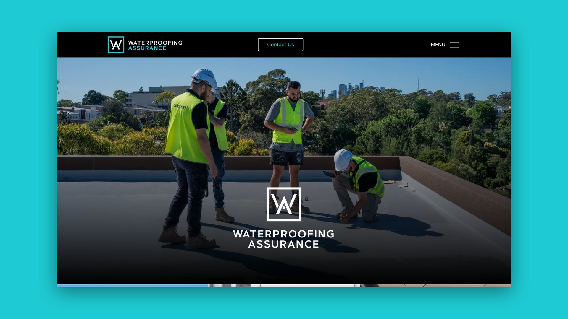 Website homepage hero with workers on a rooftop and the logo