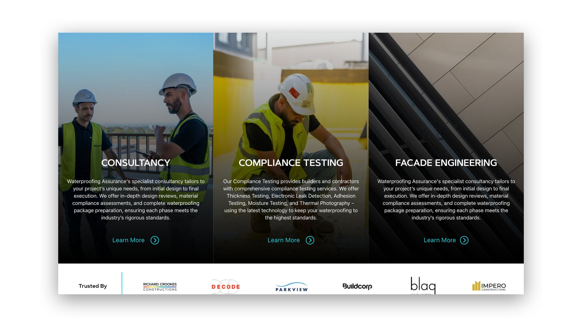 Website section for consultancy, compliance testing and façade engineering, with a Trusted By bar