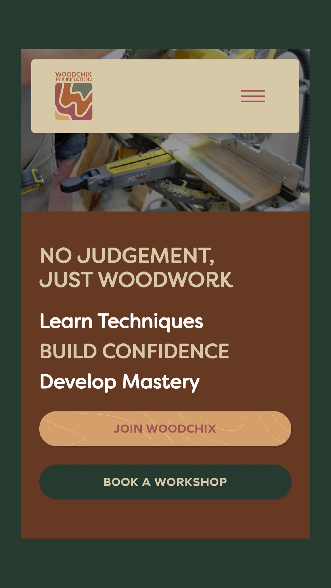 WoodChix Foundation website, home (mobile)